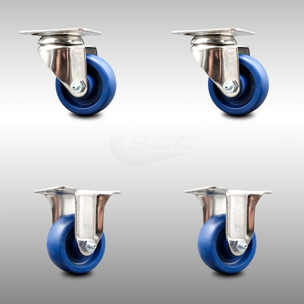 3 Inch 316SS Solid Polyurethane Wheel Swivel Top Plate Caster Rigid SCC, 2PK